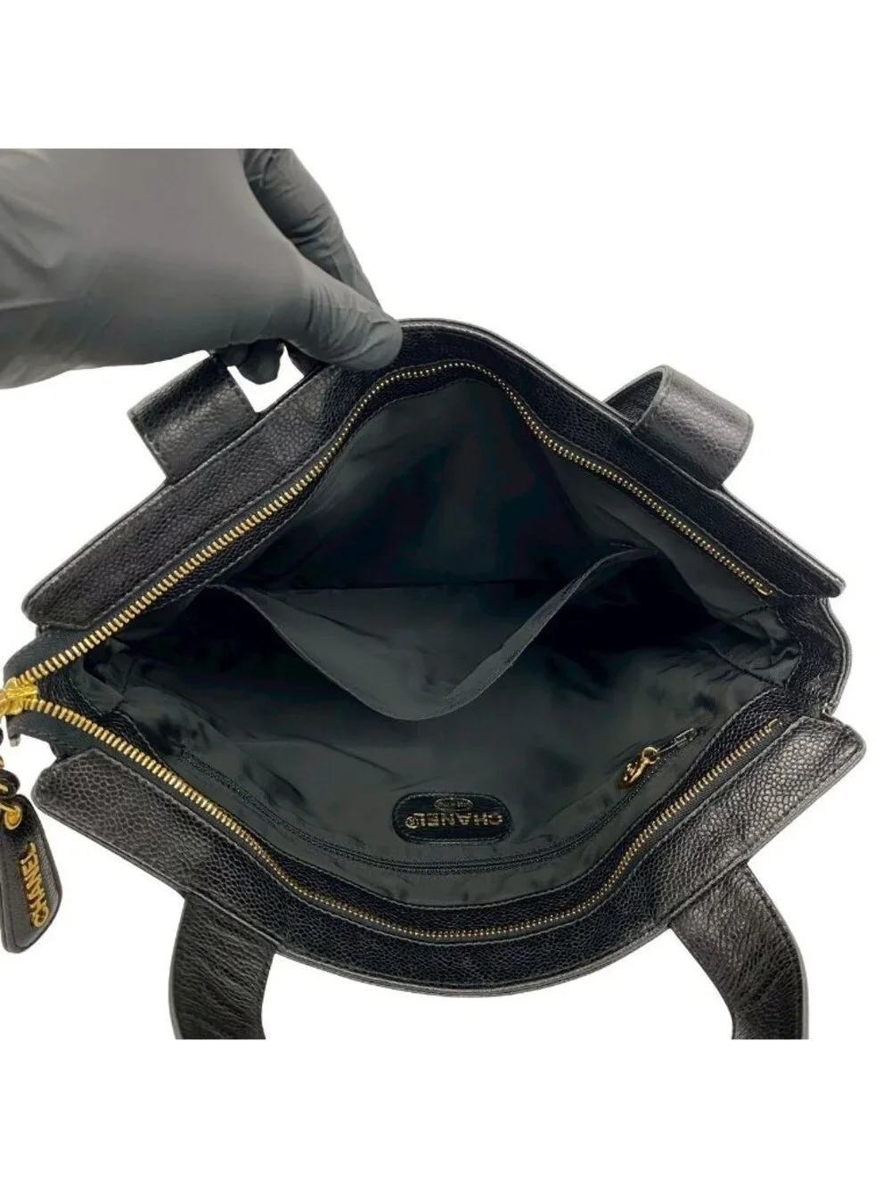 Chanel Logo Caviar Leather Tote Shoulder Bag Black